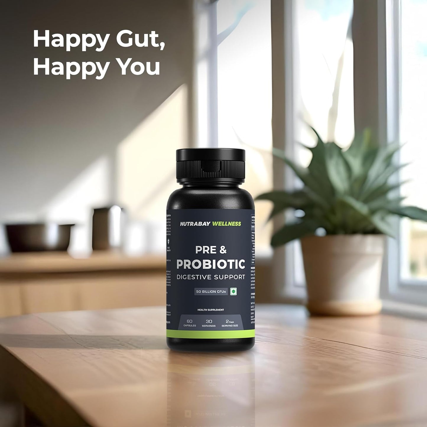 Pre & Probiotic supplement bottle on a wooden table with a bright room background