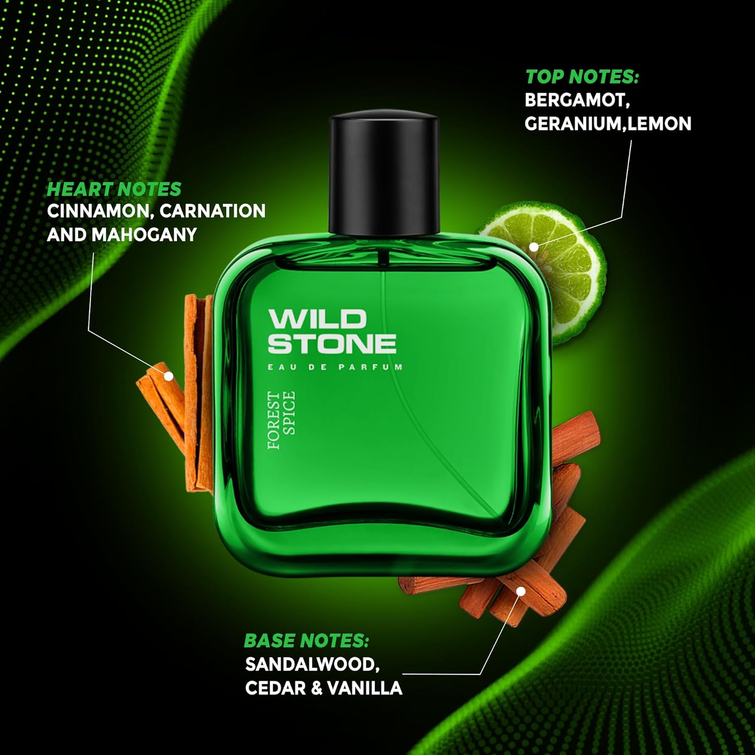 Green Wild Stone perfume bottle with flavor notes on a green background