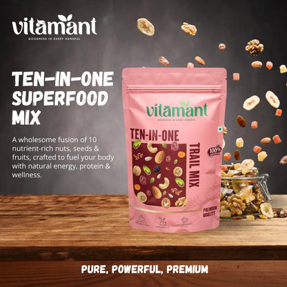 Vitamant 10-in-1 Trail Mix | Premium Mixed Dry Fruits, Nuts & Seeds | Healthy Snack | No Added Sugar | Source of Protein & Fibre | 400g