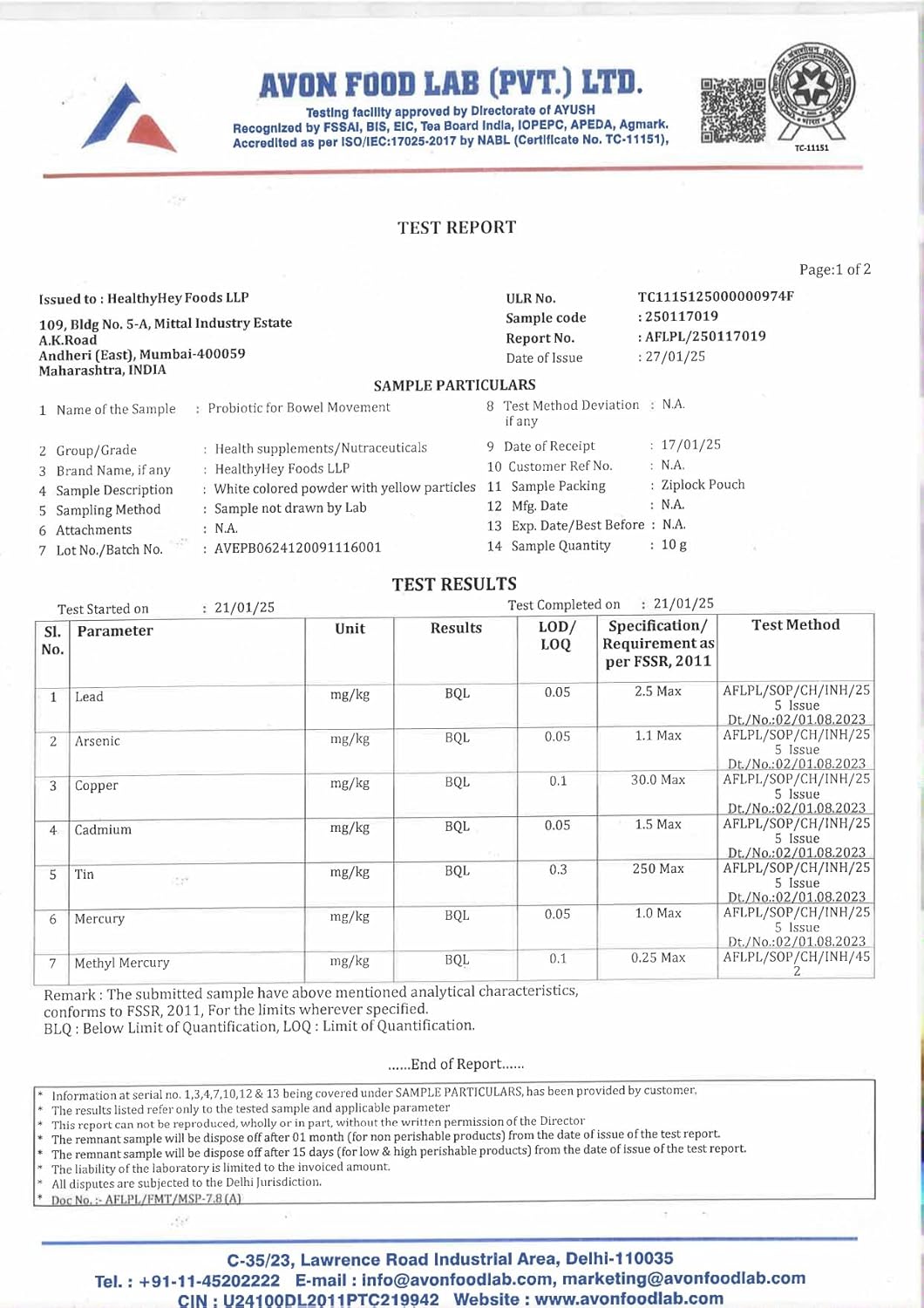 Avon Food Lab test report with various parameters and results.
