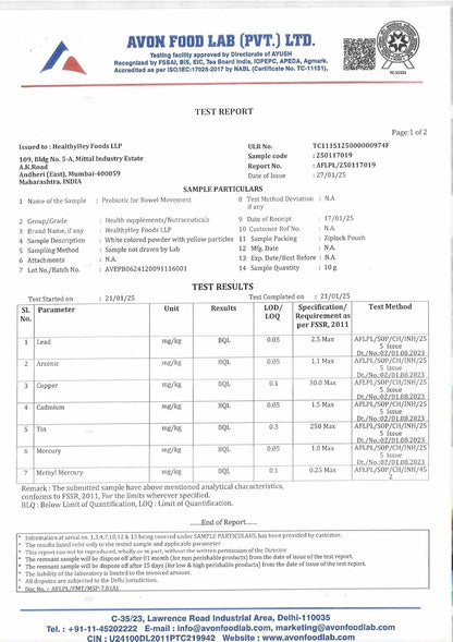 Avon Food Lab test report with various parameters and results.