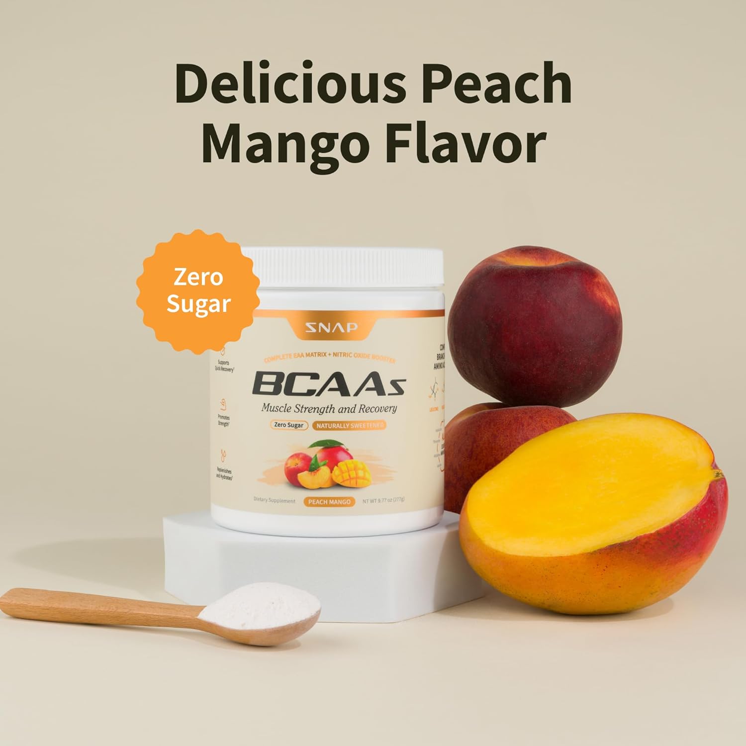 BCAAs supplement with peach and mango flavor on a beige background