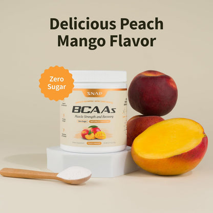 BCAAs supplement with peach and mango flavor on a beige background