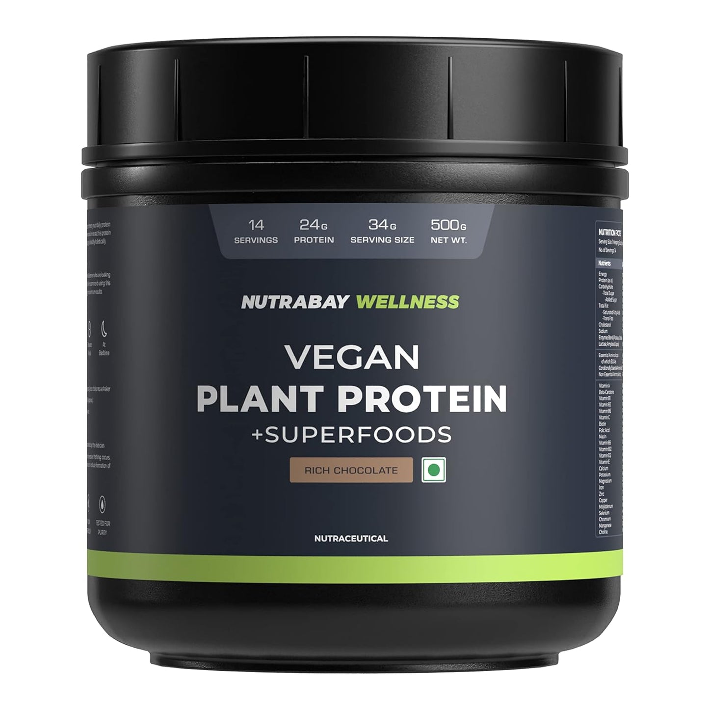 Nutrabay Wellness vegan plant protein powder container on a white background