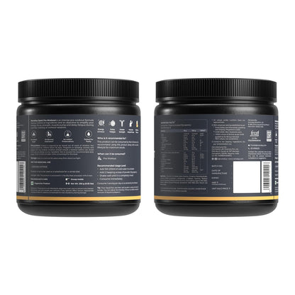 Two black containers with labels on a white background