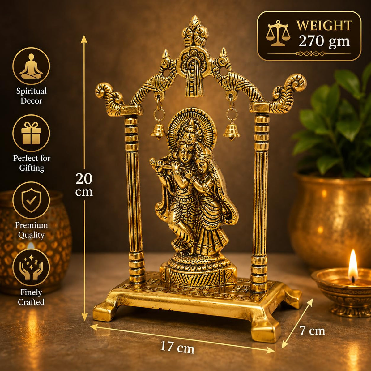 Gold Plated Metal Laddu Gopal Ji Jhula Idol with Antique Golden Finish, Bal Krishna Swing Statue Showpiece for Home, Pooja Room, Living Room, Office Decor, Janmashtami and Gifting