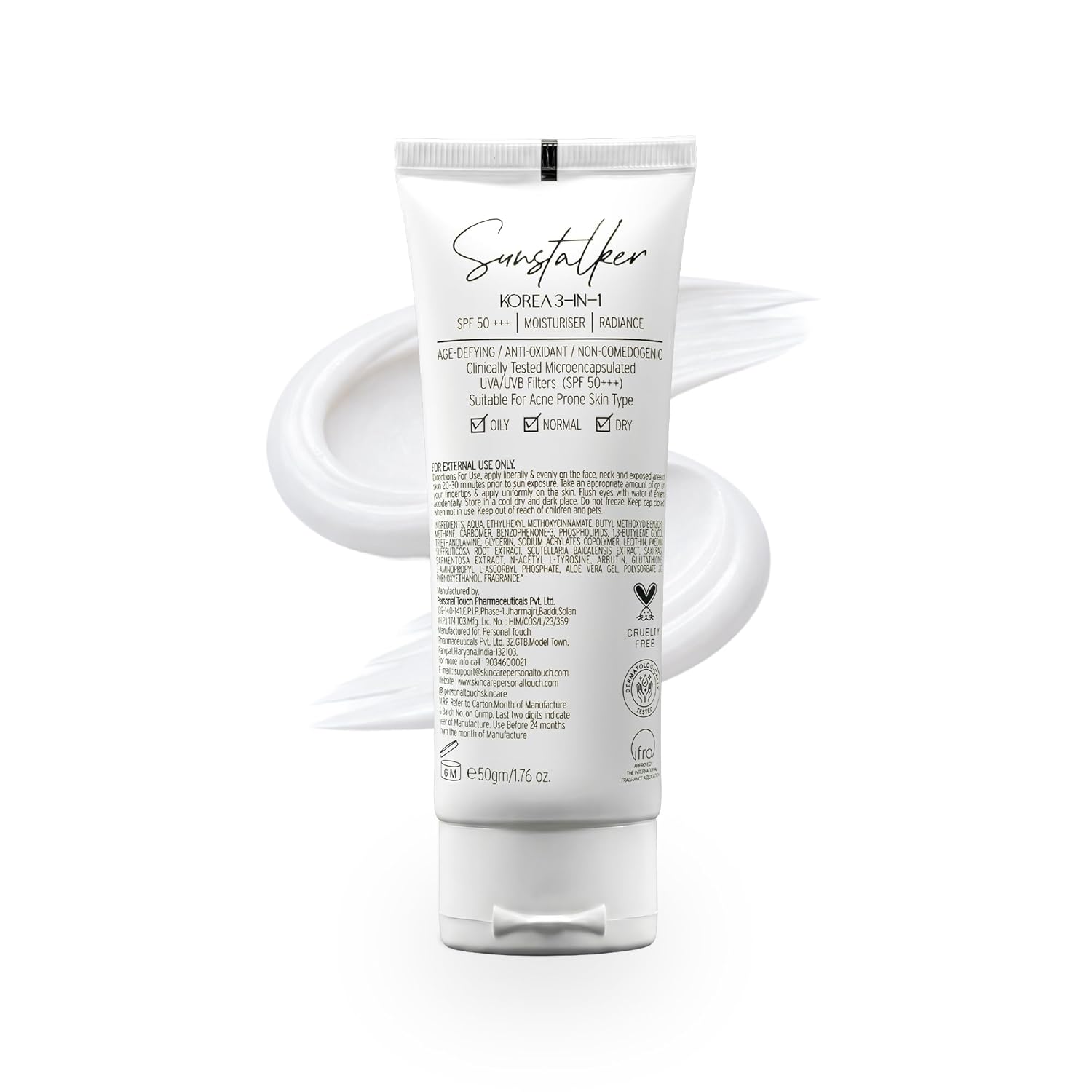 White skincare tube with text on a white background