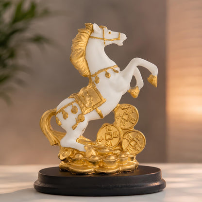 Lucky Horse Showpiece for Home Decor | White & Gold Rearing Horse Figurine with Coins Resin Decorative Statue for Office Desk Living Room Shelf Table Feng Shui Vastu Gift Item