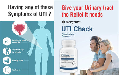 Advertisement for Trexigenics UTI Check with symptoms and couple holding a bottle.