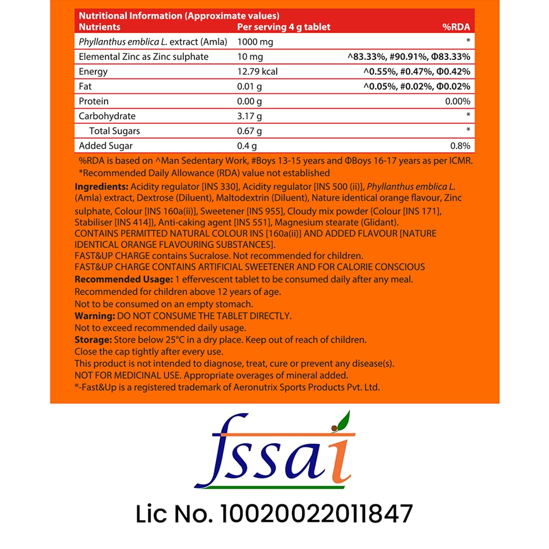 Fast&Up Charge Natural Vitamin C - 60 Effervescent Tablets, Amla Extract + Zinc for Daily Immunity | Helps to boost & Strengthens Collagen for Healthy Skin, Hair & Nails- Orange Flavour