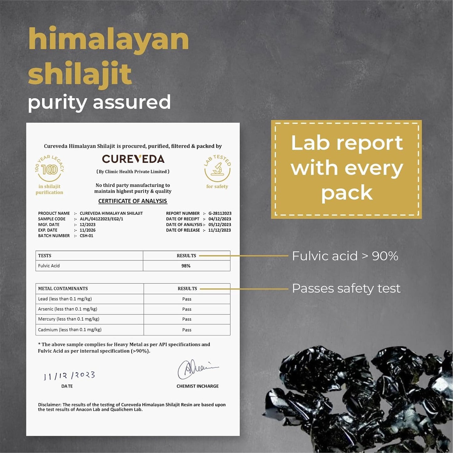 Himalayan Shilajit purity assured with lab report and fulvic acid content on a gray background