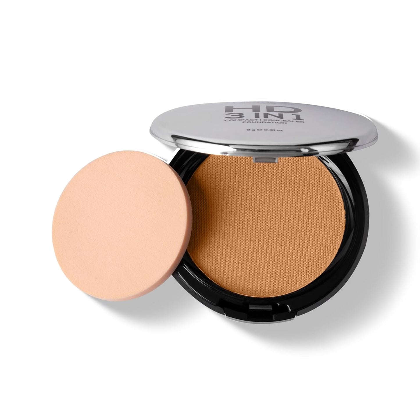 Makeup compact with two shades of powder on a white background