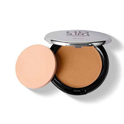 Makeup compact with two shades of powder on a white background