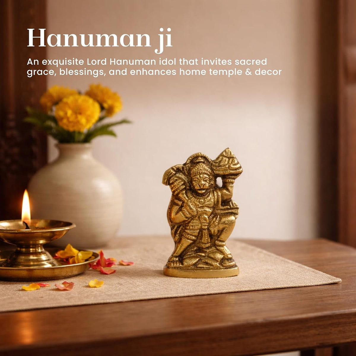 Brass Hanuman Ji Idol | Handcrafted Hanuman Murti for Pooja Room | Home Temple & Festival Gift (Design08: L4 x W2 x H5 cm)