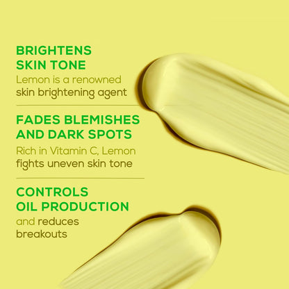 Text detailing the benefits of lemon for skin on a yellow background with lemon slices.