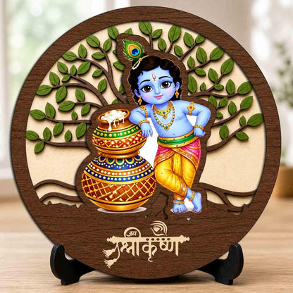 Plan To Gift Bal Gopal Round Wooden Devotional Idol with Stand for Puja Room, Home Decor & Religious Gift - 5x5 Inch