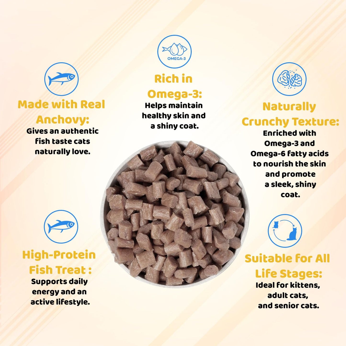 Petoska Anchovy Fish Cat Treats - 100g | Air-Dried Real Anchovy Bites with Taurine & Omega-3 | Chewy High-Protein Snack for Shiny Coat, Heart Support & Weight Control | for Kittens & Adult Cats