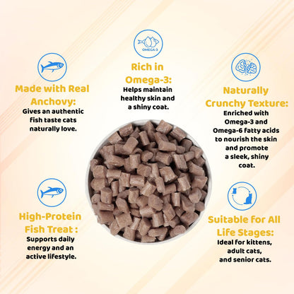 Petoska Anchovy Fish Cat Treats - 100g | Air-Dried Real Anchovy Bites with Taurine & Omega-3 | Chewy High-Protein Snack for Shiny Coat, Heart Support & Weight Control | for Kittens & Adult Cats