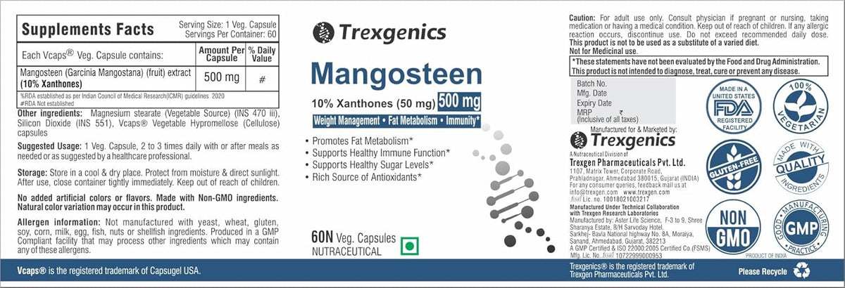 Trexgenics Mangosteen supplement label with various certification logos.