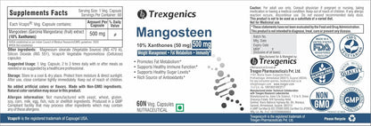 Trexgenics Mangosteen supplement label with various certification logos.