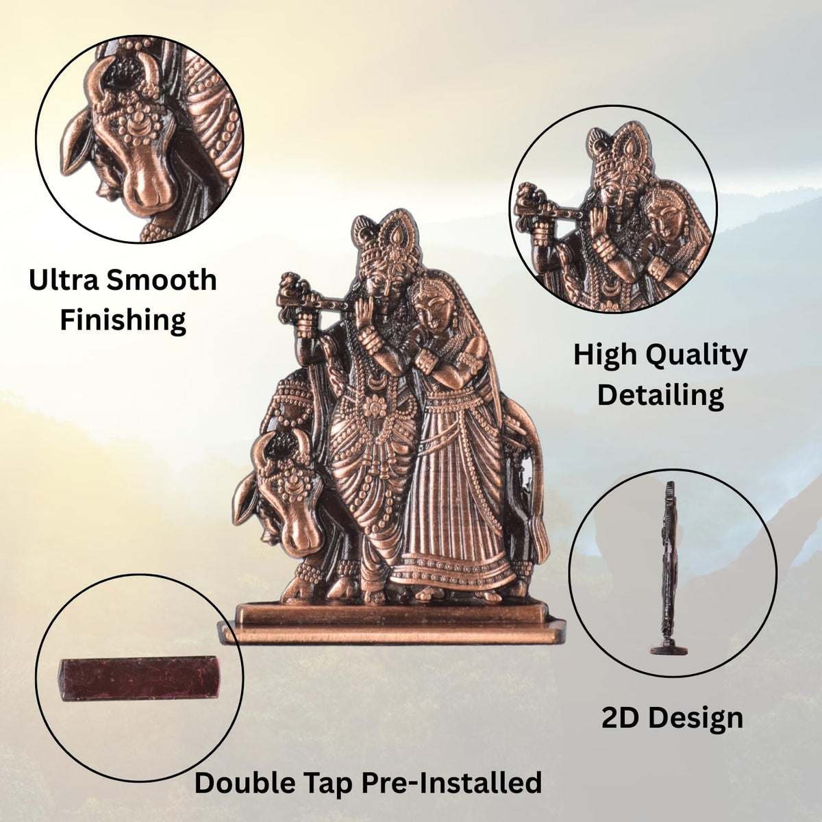 Radha Krishna with Cow in Decorative Frame Idol for Car Dashboard – Copper Finish Spiritual Couple Murti for Mandir & Travel (S926-CPR)