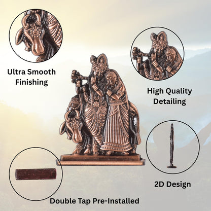 Radha Krishna with Cow in Decorative Frame Idol for Car Dashboard – Copper Finish Spiritual Couple Murti for Mandir & Travel (S926-CPR)