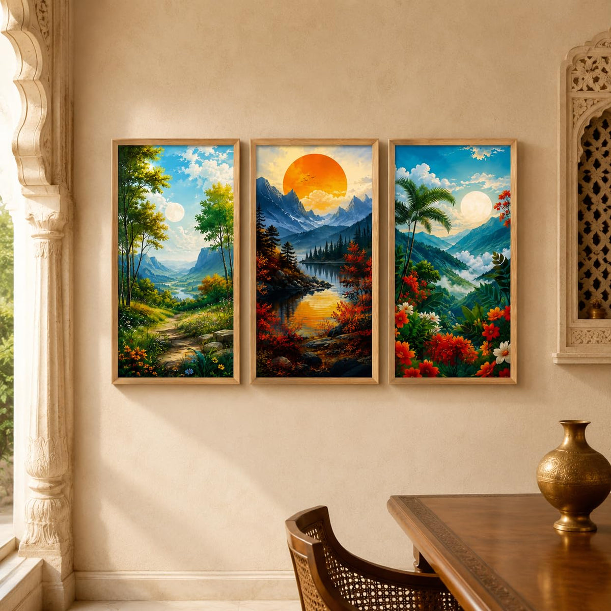 Set of 3 Mountain Valley Nature Wall Paintings with Sparkle Laminate, Premium Wooden Synthetic Frame, Sunrise Moon Landscape Art for Living Room Bedroom Decor
