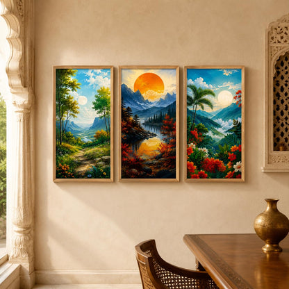 Set of 3 Mountain Valley Nature Wall Paintings with Sparkle Laminate, Premium Wooden Synthetic Frame, Sunrise Moon Landscape Art for Living Room Bedroom Decor