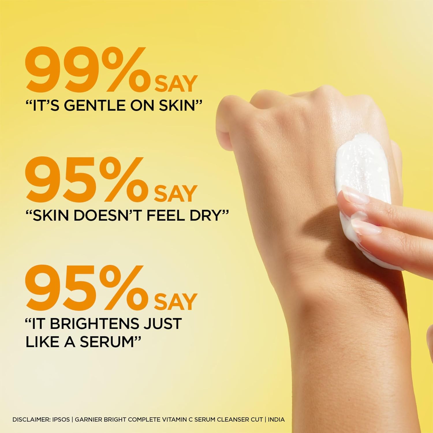 Hand applying cream with text on a yellow background