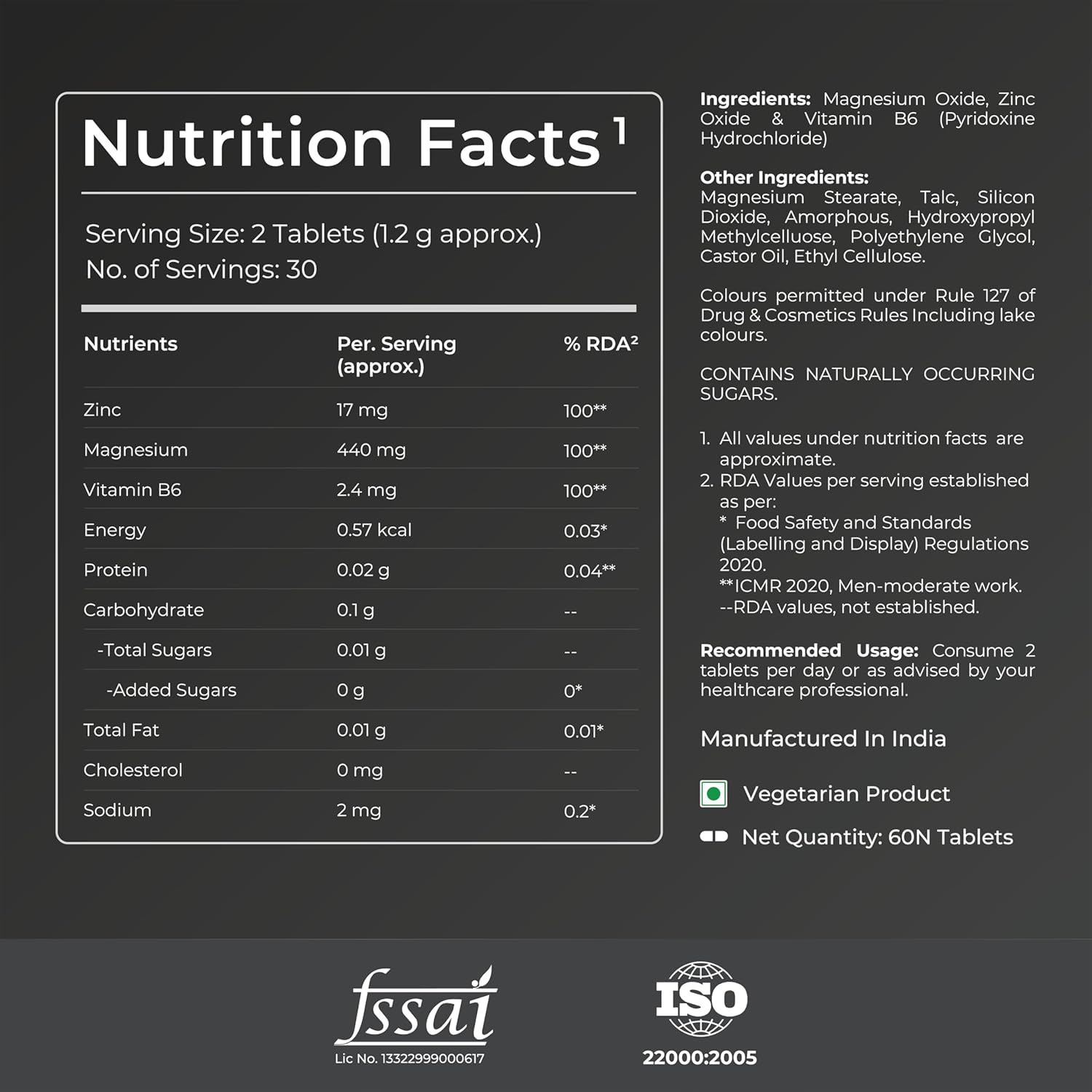 Nutrition facts label with FSSAI and ISO logos on a dark background