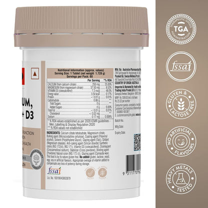 Zephivo Swisse Magnesium, Calcium+D3 Supports Muscle Function, Energy & Bone Health (Manufactured In Australia) - 60 Tablets (1 Tablet Per Serving)