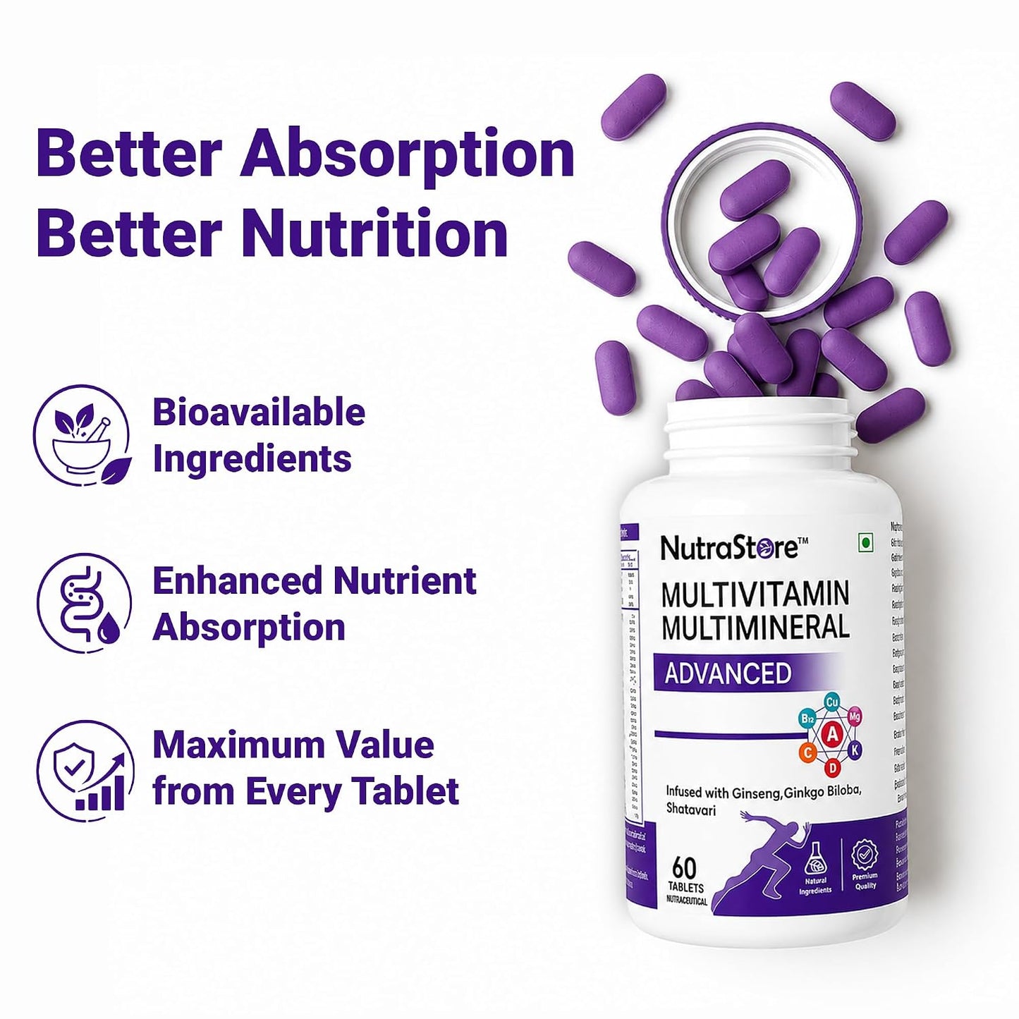 NutraStore Multivitamin Multimineral Advanced Tablets for Men & Women | With Ginseng, Ginkgo Biloba & Shatavari | Vitamins A, C, D3, K2, B12 for Energy, Immunity, Muscle Recovery & Wellness | 60 Veg Tablets