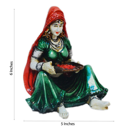 Rajasthani Lady Showpiece Polyresin Statue (12.5 cm x 10 cm x 15 cm, Green and Orange)