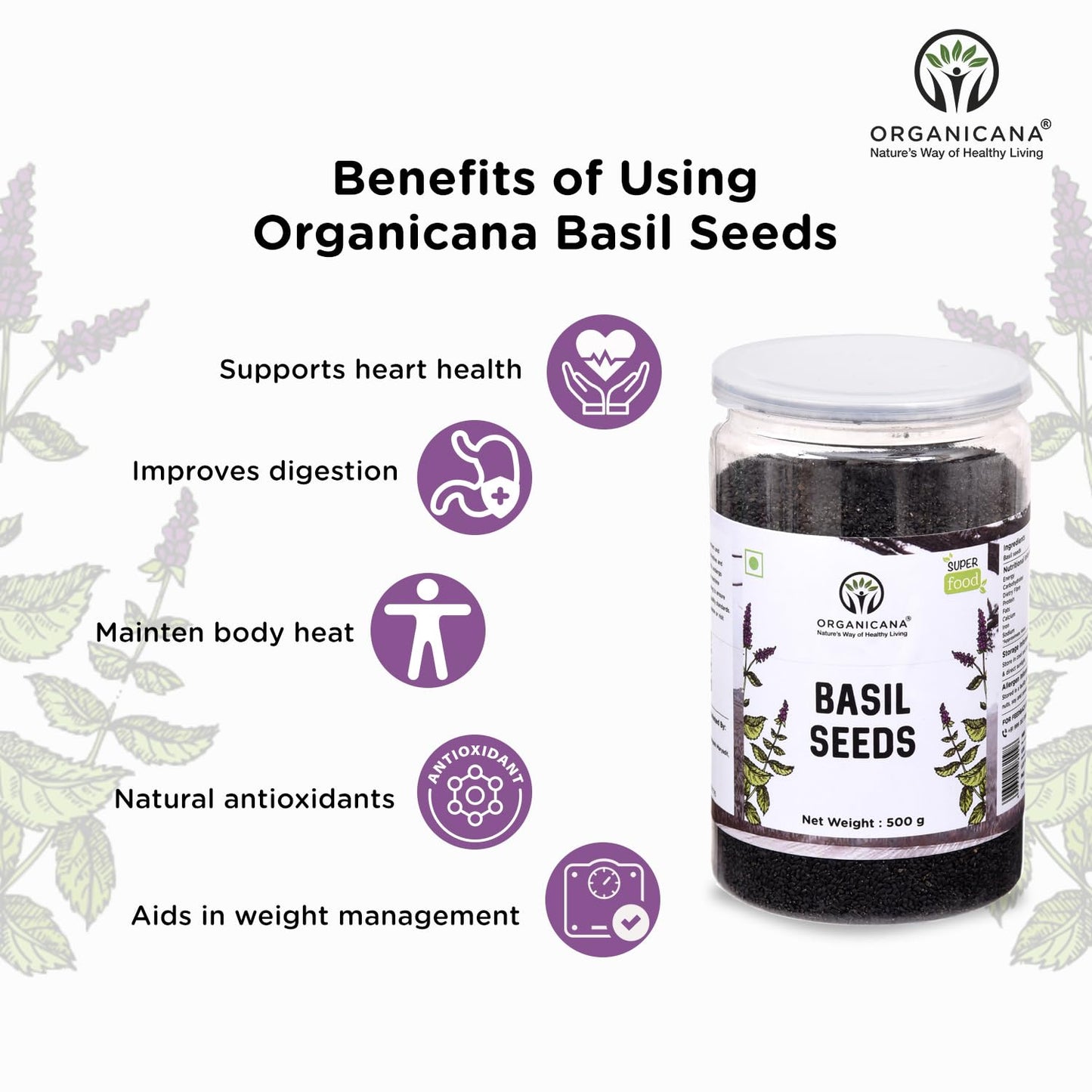 Organicana Basil Seeds 500gm (Pack of 1) Sabja Seeds - Beat the Summer Heat Nutrient-Rich, Pure Basil Seeds For Healthy Drinks, Smoothies, And Recipes Tukmaria Seeds for Weight Management