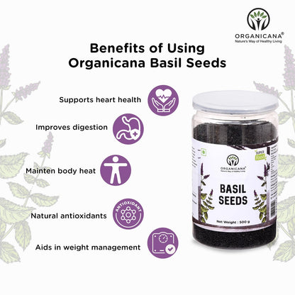 Organicana Basil Seeds 500gm (Pack of 1) Sabja Seeds - Beat the Summer Heat Nutrient-Rich, Pure Basil Seeds For Healthy Drinks, Smoothies, And Recipes Tukmaria Seeds for Weight Management