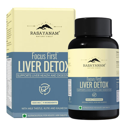 Rasayanam Focus First Liver Detox supplement bottle and packaging on a white background
