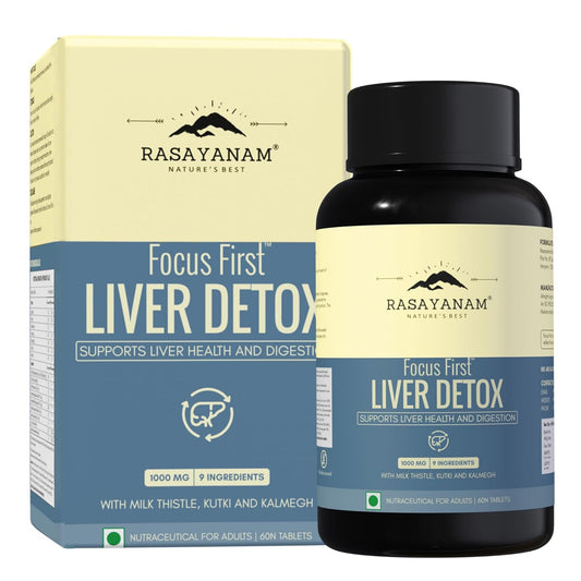 Rasayanam Focus First Liver Detox supplement bottle and packaging on a white background