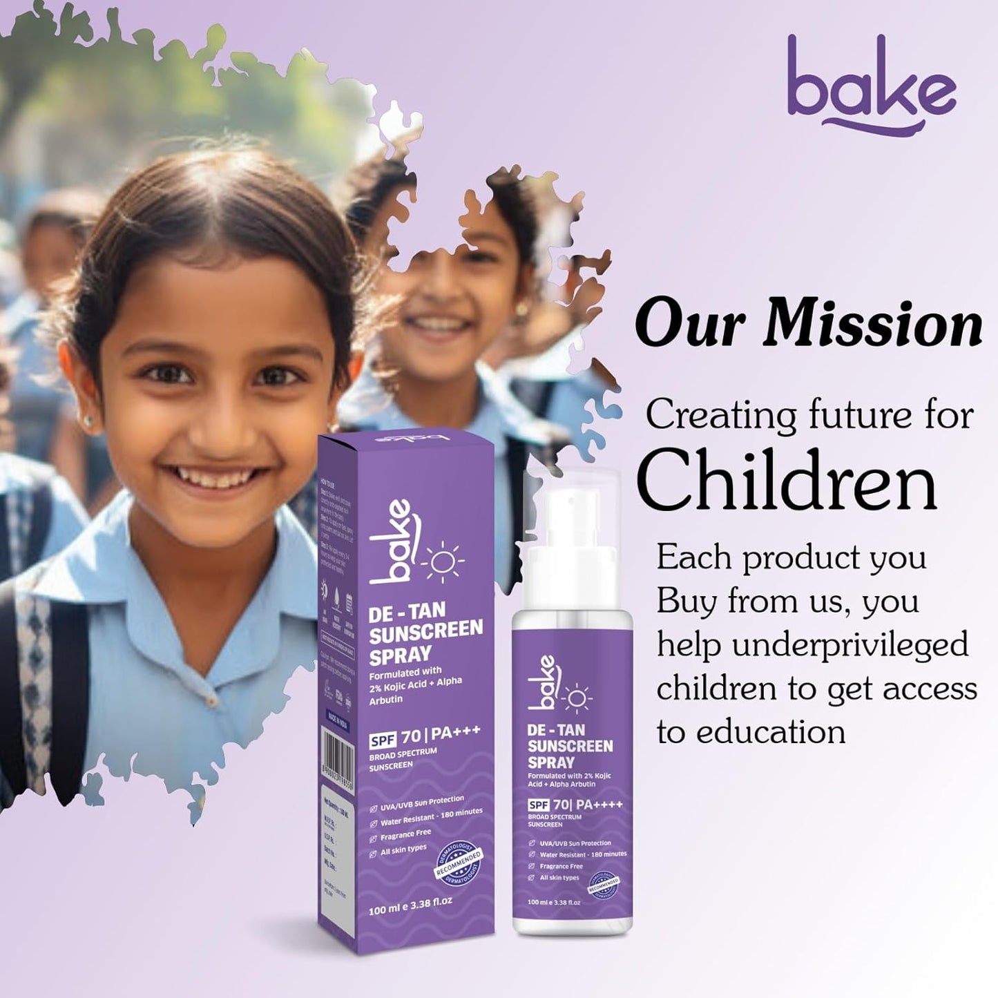 BAKE Spf 70 Sunscreen Spray Pa++++|Waterproof - 180 Minutes|With 2% Kojic Acid & Alpha Arbutin,Sweat Resistant|For Tan Removal,Pigmentation & Uva/B Sun Protection|No Whitecast,Lightweight - 100Ml,All