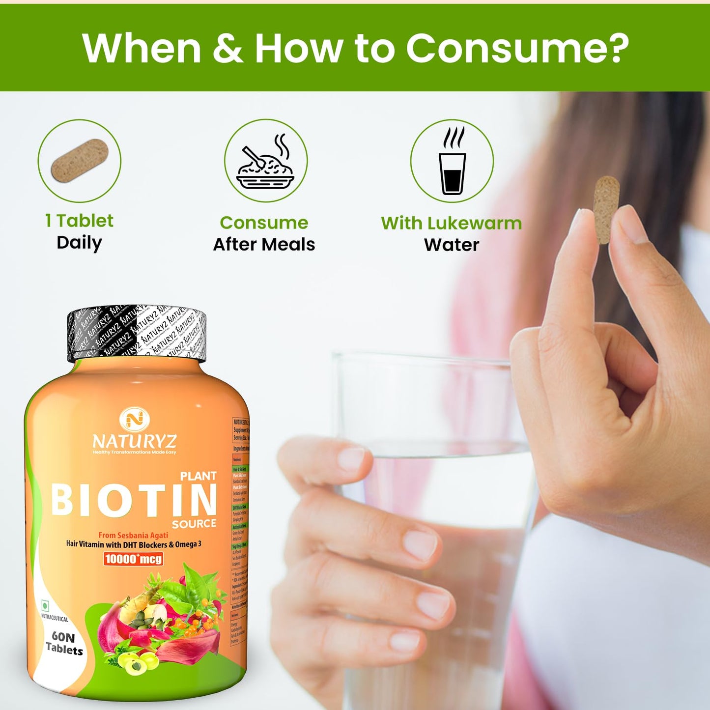 Naturyz Plant Biotin Source supplement bottle with instructions on consumption.