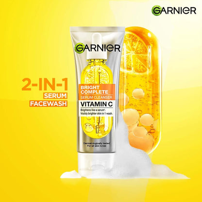 Garnier 2-in-1 Serum Facewash with Vitamin C on a yellow background