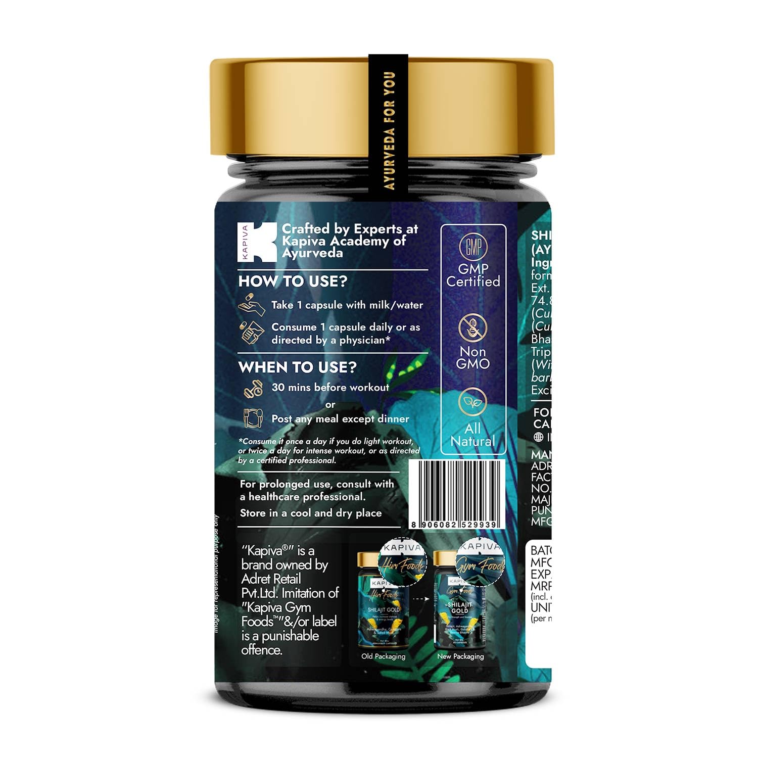 Supplement bottle with gold cap and detailed label on a white background