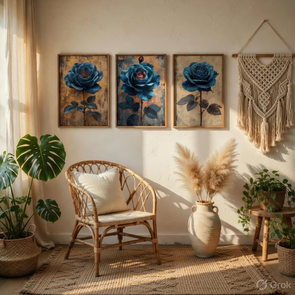 Blue Rose Floral Wall Painting Set of 3 with Wooden Frames | Elegant Botanical Flower Artwork HD Sparkle Laminated MDF Wall Decor | Modern Rose Wall Art for Living Room Bedroom