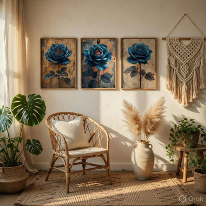 Blue Rose Floral Wall Painting Set of 3 with Wooden Frames | Elegant Botanical Flower Artwork HD Sparkle Laminated MDF Wall Decor | Modern Rose Wall Art for Living Room Bedroom