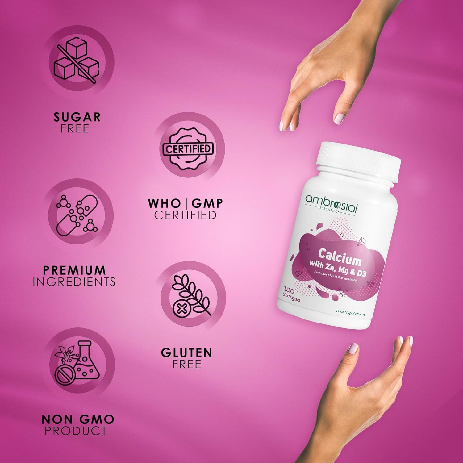 Ambrosial Calcium supplement bottle with certification icons on a pink background