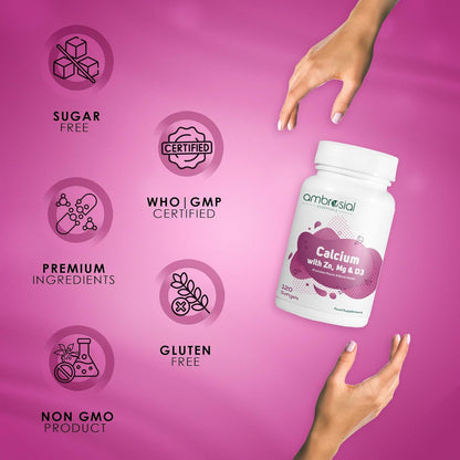 Ambrosial Calcium supplement bottle with certification icons on a pink background