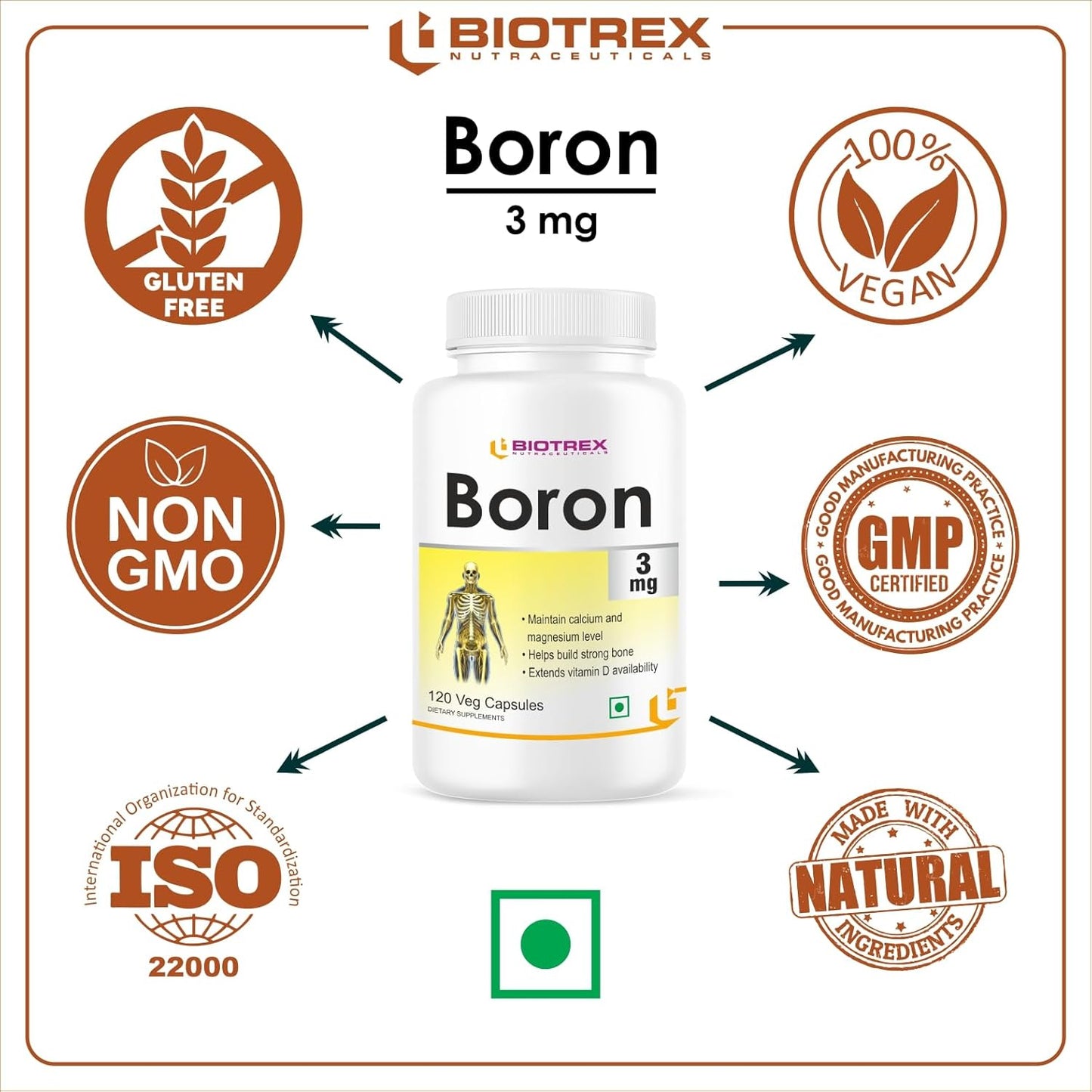Biotrex Nutraceuticals Boron 3mg | 120 Veg Capsules | Build Strong Bones | Improve Muscle Coordination
