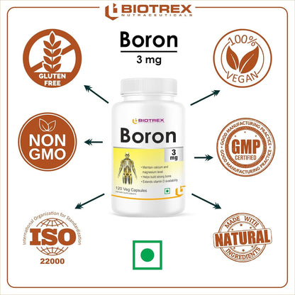 Biotrex Nutraceuticals Boron 3mg | 120 Veg Capsules | Build Strong Bones | Improve Muscle Coordination