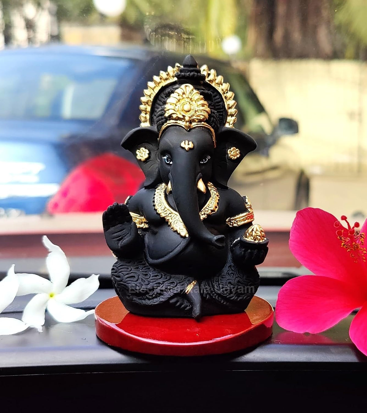 Handcrafted Poly Resin Ganesha Statue with Base - Perfect for Car Dashboard, Office Desk, Shelves, and Home Decor - Ideal Housewarming Gift! (Mukutblackwithbase)