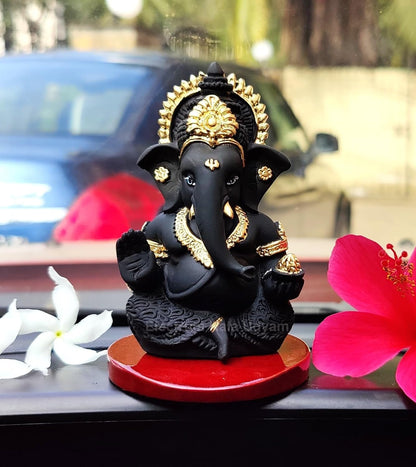 Handcrafted Poly Resin Ganesha Statue with Base - Perfect for Car Dashboard, Office Desk, Shelves, and Home Decor - Ideal Housewarming Gift! (Mukutblackwithbase)