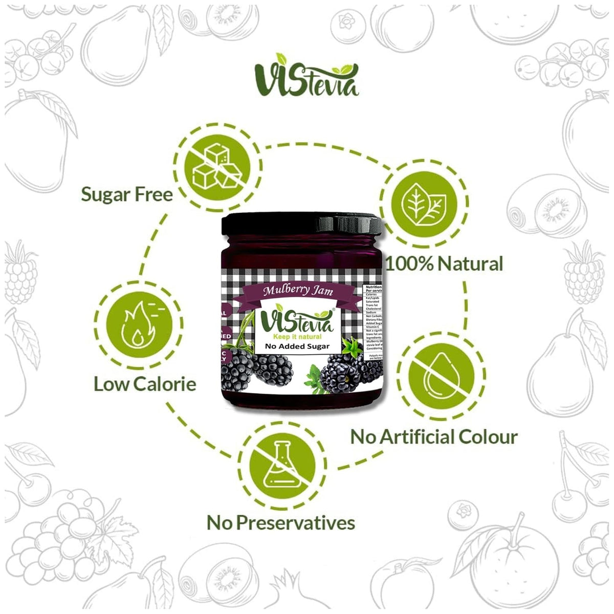VIStevia Sugar Free Mulberry Jam (220 gm) | | Diabetic & Keto Friendly | Sweetened with Stevia and Erythritol | 100% natural | More than 60% whole berries | Tastes delicious…